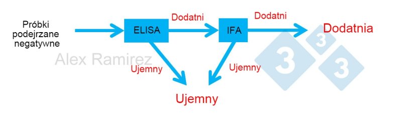 Schemat przedstawiający zastosowanie testu PRRS IFA jako testu potwierdzającego dla próbek, które nieoczekiwanie uzyskały wynik pozytywny w teście PRRS ELISA. Podejrzewana próbka negatywna, której test ELISA jest negatywna, jest uważana za negatywną. Jeśli ta próbka nieoczekiwanie dała wynik pozytywny, można przeprowadzić badanie PRRS IFA jako test potwierdzający. Oznacza to, że jeśli test IFA jest pozytywny, potwierdza się, że próbka jest pozytywna. Jeśli test IFA jest ujemny, zakładalibyśmy, że był fałszywie dodatni, o ile PCR jest również ujemny, aby potwierdzić brak niedawnej infekcji.
